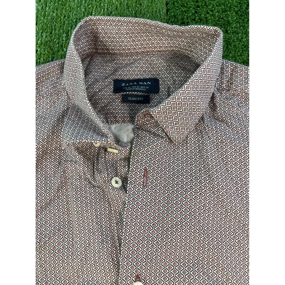Zara Man Slim Fit Button Down Shirt Geometric Print Casual Modern Mens Medium